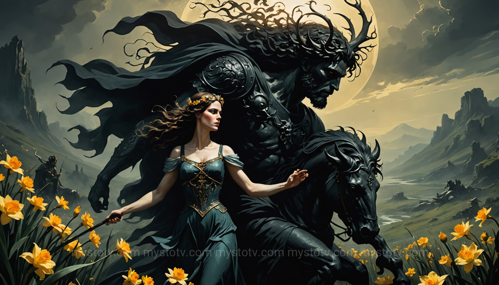 The traditional abduction in the Persephone and Hades story summary, showing Hades capturing a terrified Persephone.