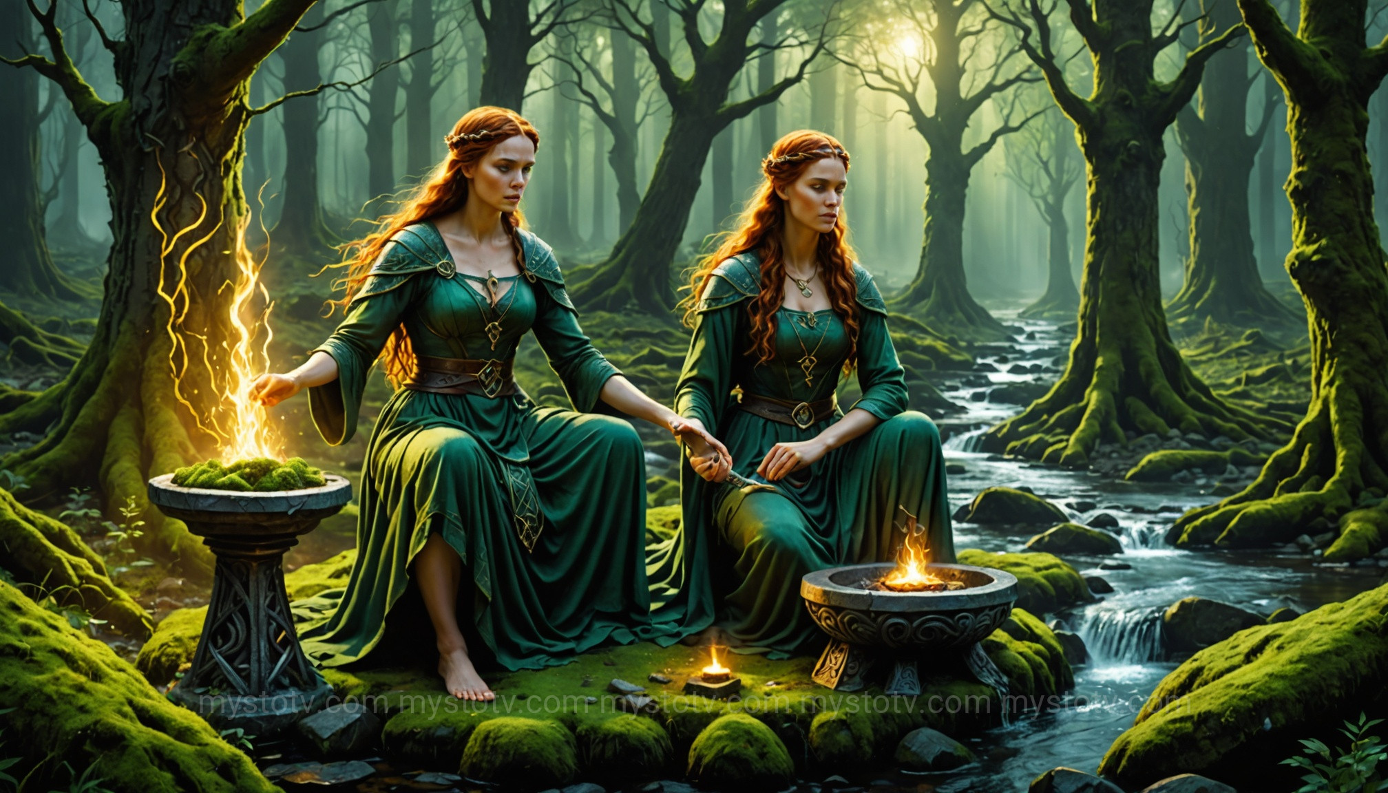The triple goddess Brigid, a key figure in ancient Celtic goddess Brigid worship, depicted as a poet, healer, and smith in a mystical forest.