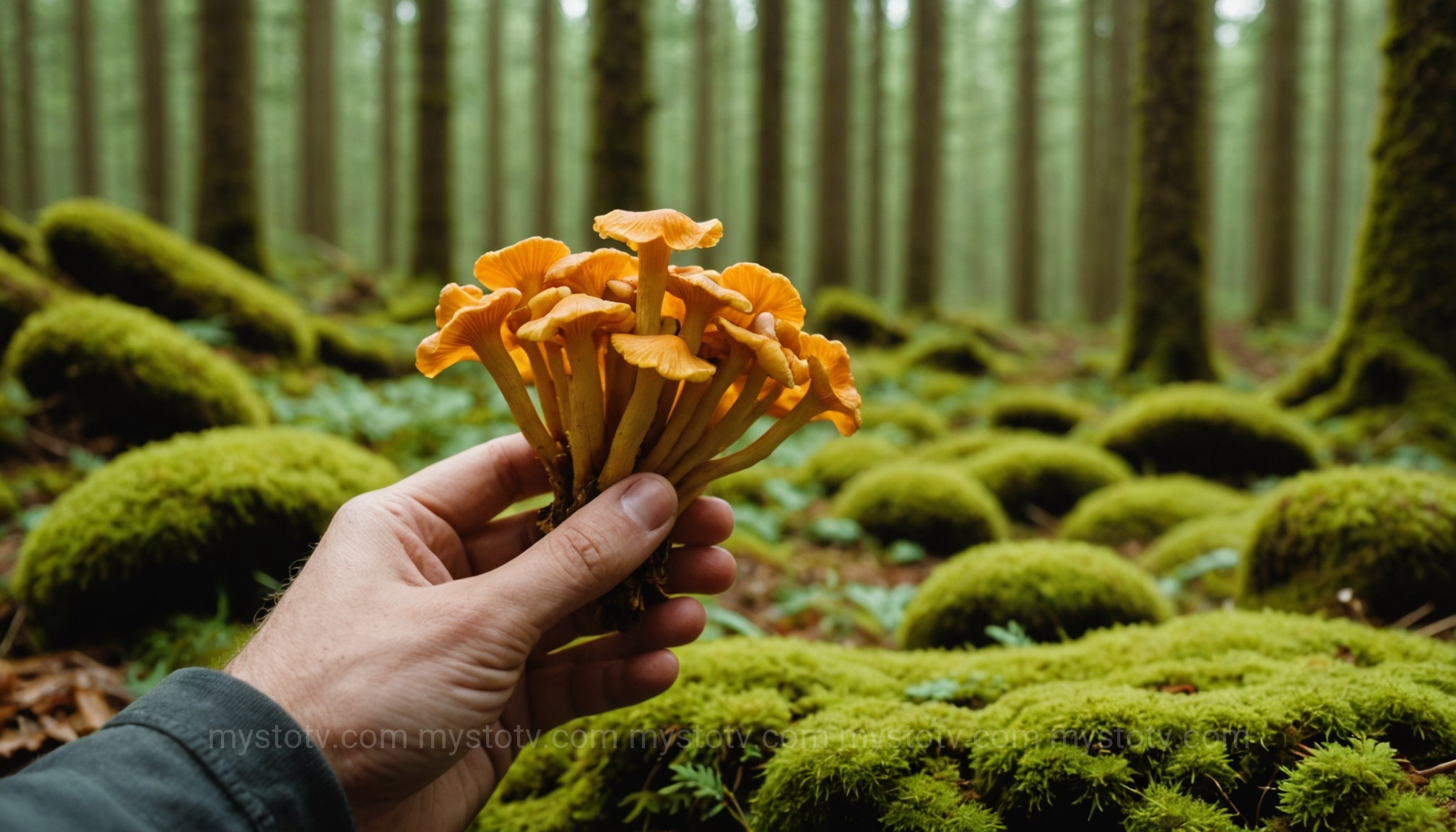 The underside of a Chanterelle, highlighting the false gills for identification in a foraging for mushrooms guide.