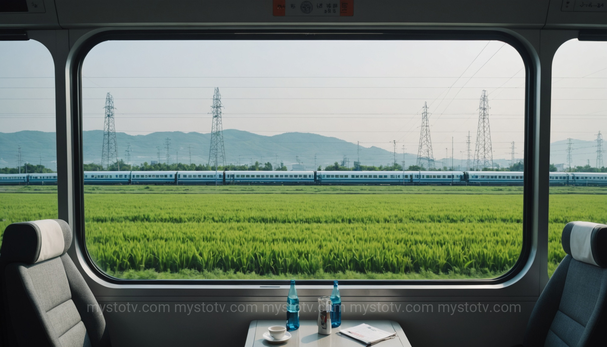 The view from a train window while traveling at high speed across the Danyang-Kunshan Grand Bridge, showing the passing landscape of China.