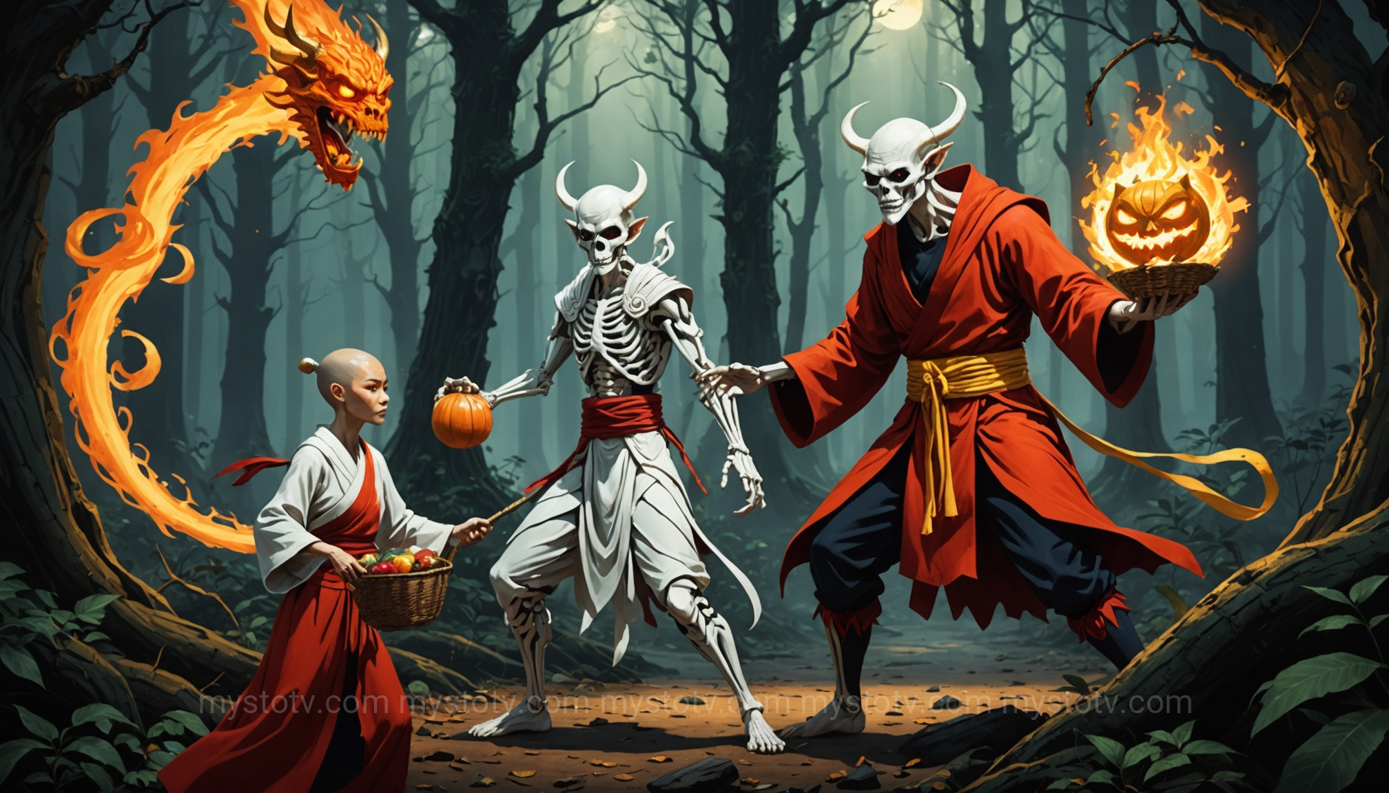 The White Bone Demon attempts to deceive the Tang Monk, a famous trial from the Sun Wukong Journey to the West.