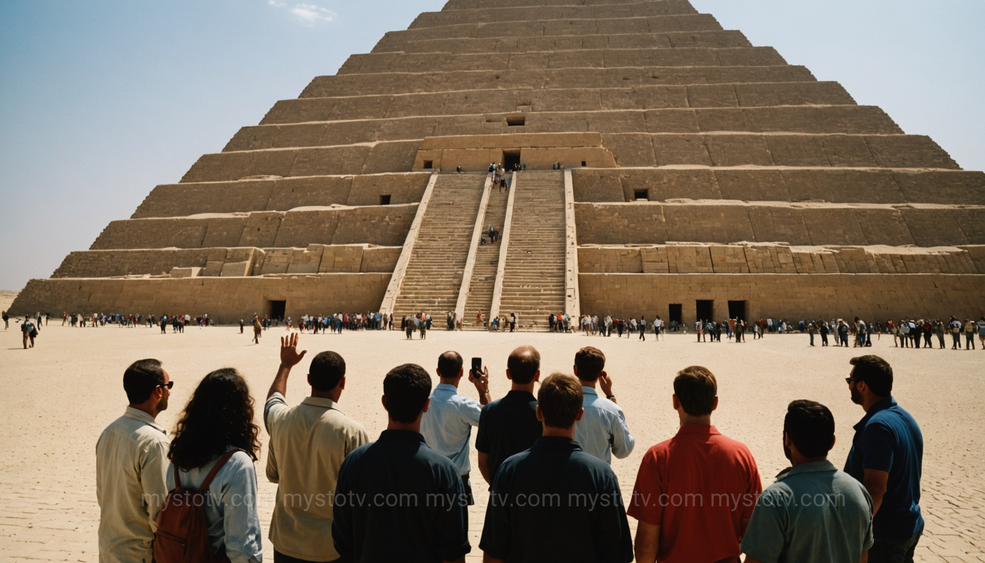 Tourists exploring the recently restored entrance of the Step Pyramid of Djoser at Saqqara.