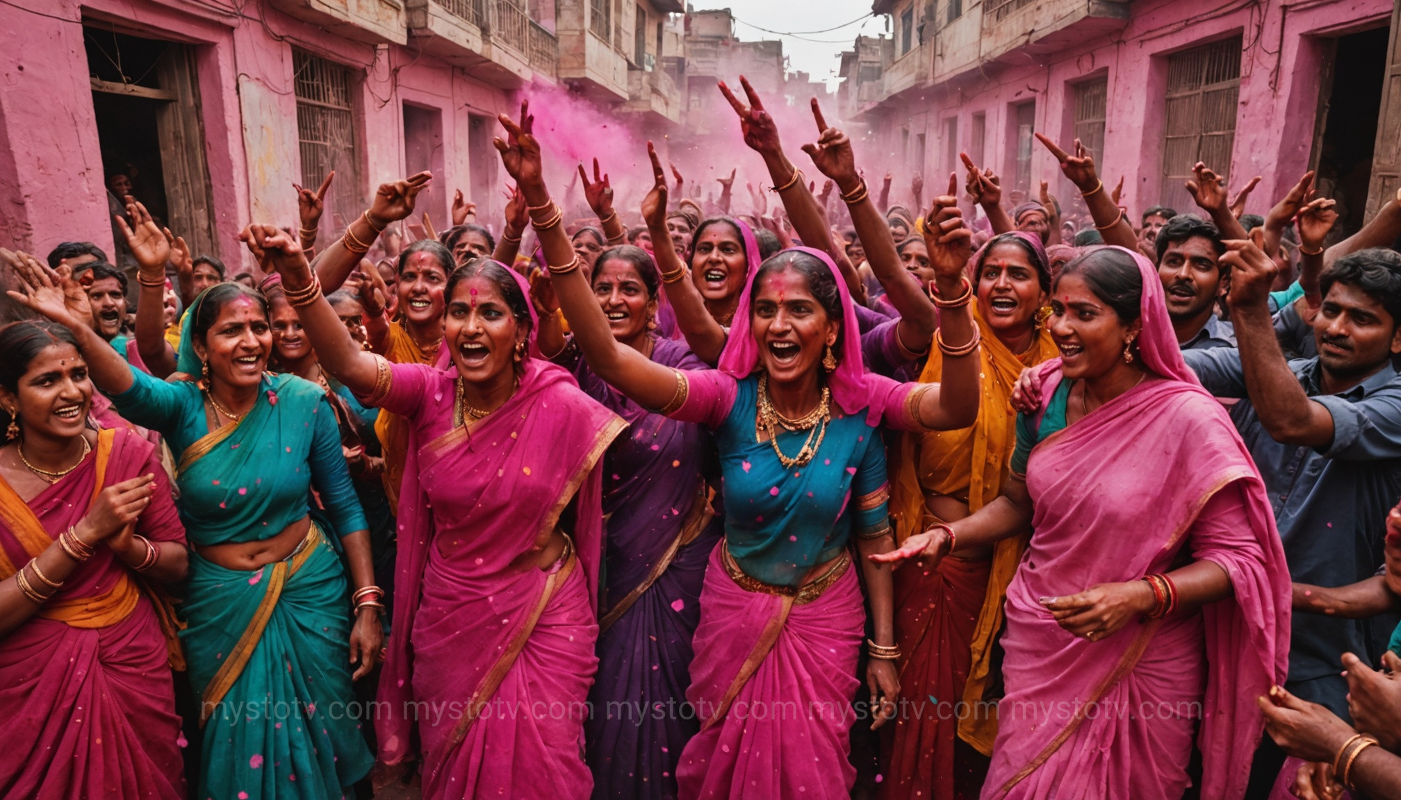 Women playfully hitting men with sticks during Lathmar Holi, a unique tradition linked to the legend of holi krishna colors in Barsana.
