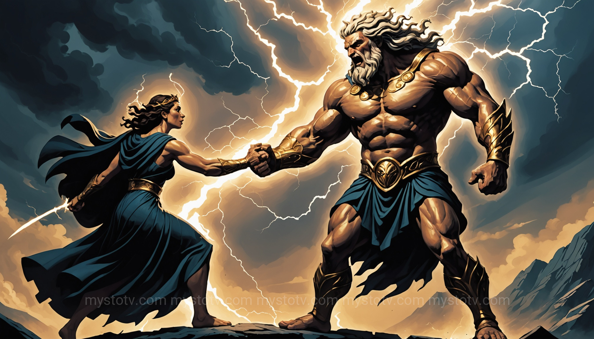 Zeus hesitating to attack Hypnos, who is protected by his mother, illustrating the formidable Nyx greek goddess powers.