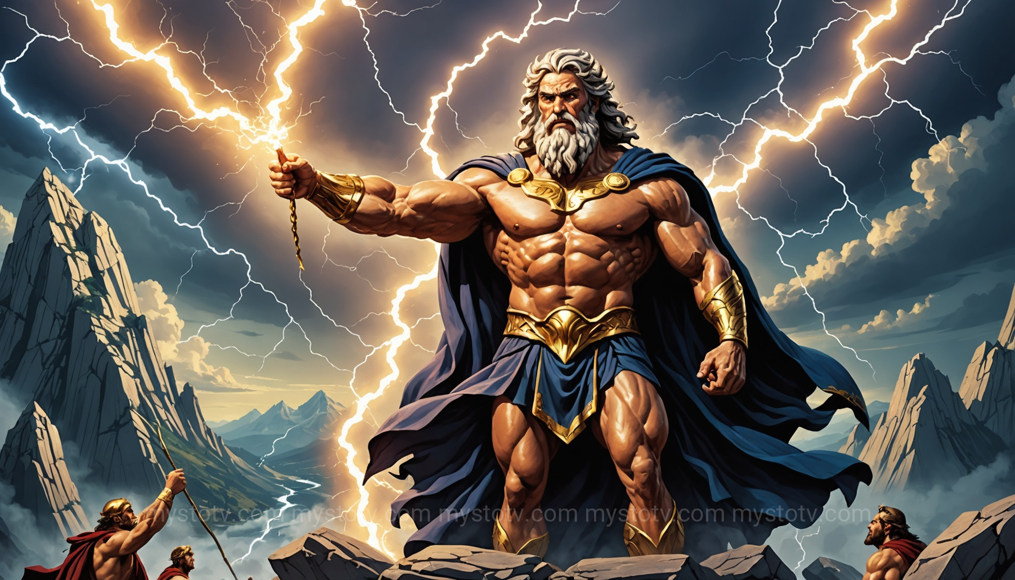 Zeus looking on helplessly as the Moirai control destiny, illustrating how the Fates Greek mythology explained a power greater than the gods.