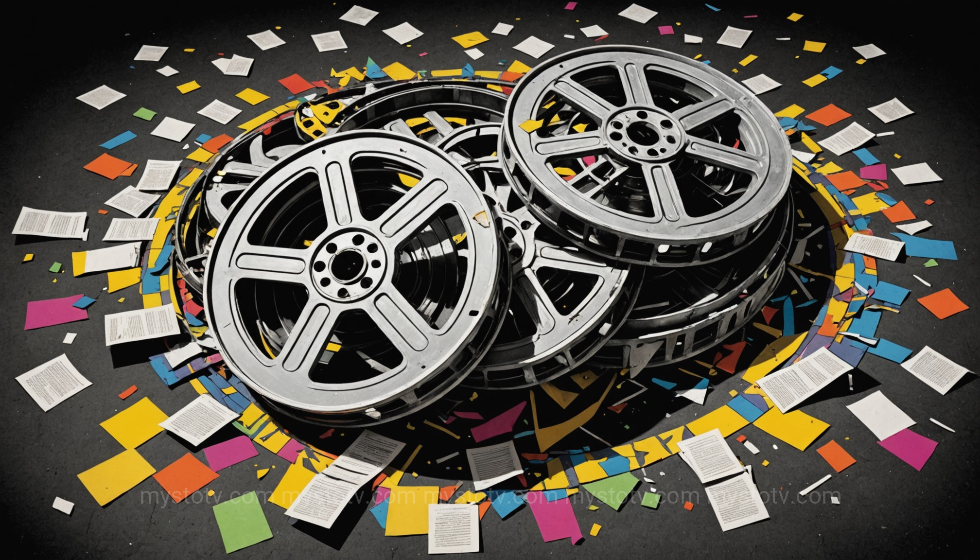A broken film reel exposing faded Nickelodeon-style sets, representing how the \