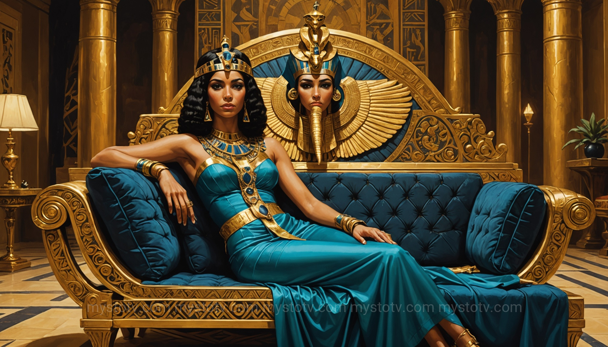 A classical painting depicting the legendary account of how did Cleopatra die, showing the queen with an asp on her chest in her palace.