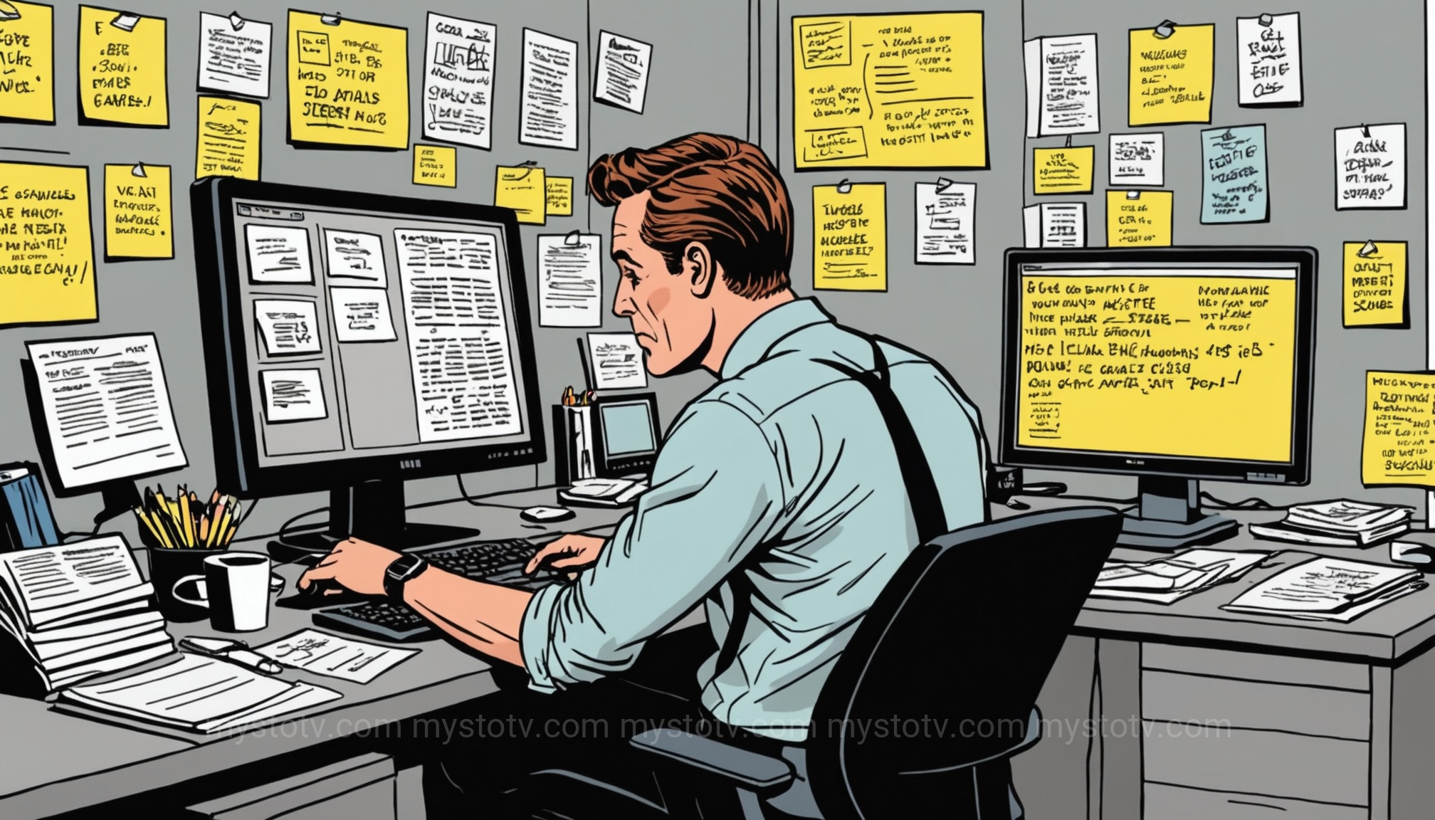 A confused employee surrounded by conflicting information, a key sign of experiencing gaslighting at work.