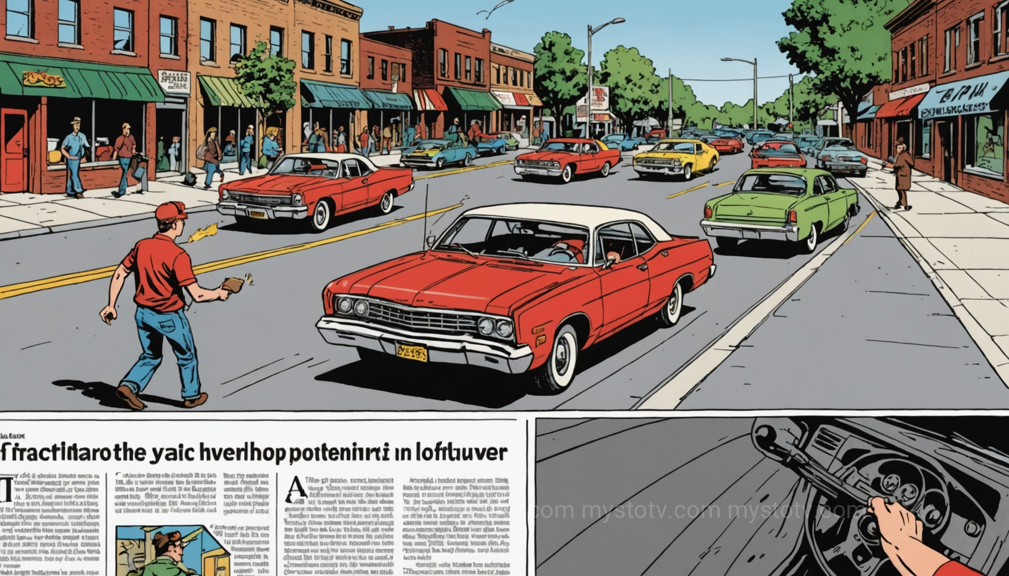 A depiction of \'street theatre\' tactics used in gang stalking, showing coordinated but deniable actions on a suburban street.