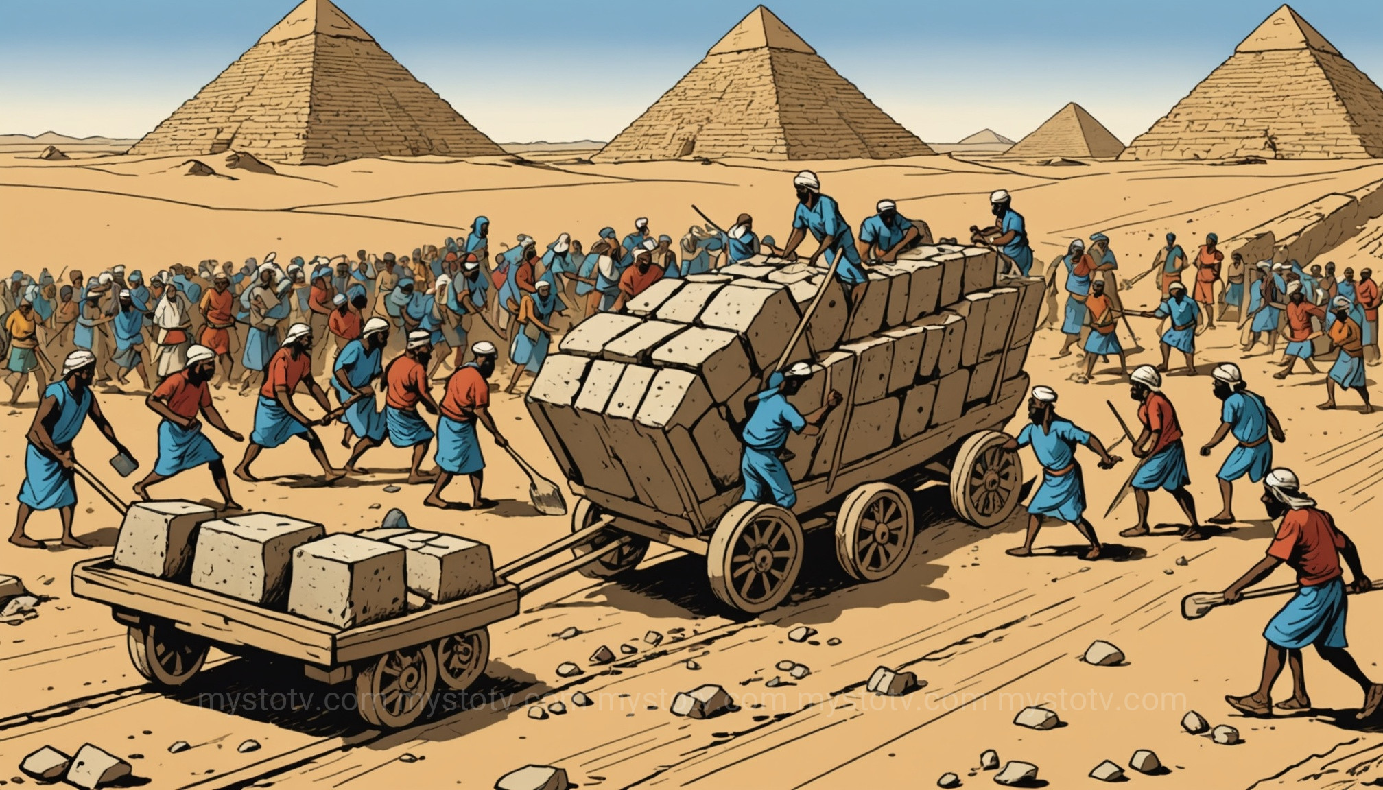 A depiction of workers using sledges and water to transport a massive stone, demonstrating the transportation aspect of saqqara pyramid construction technology.
