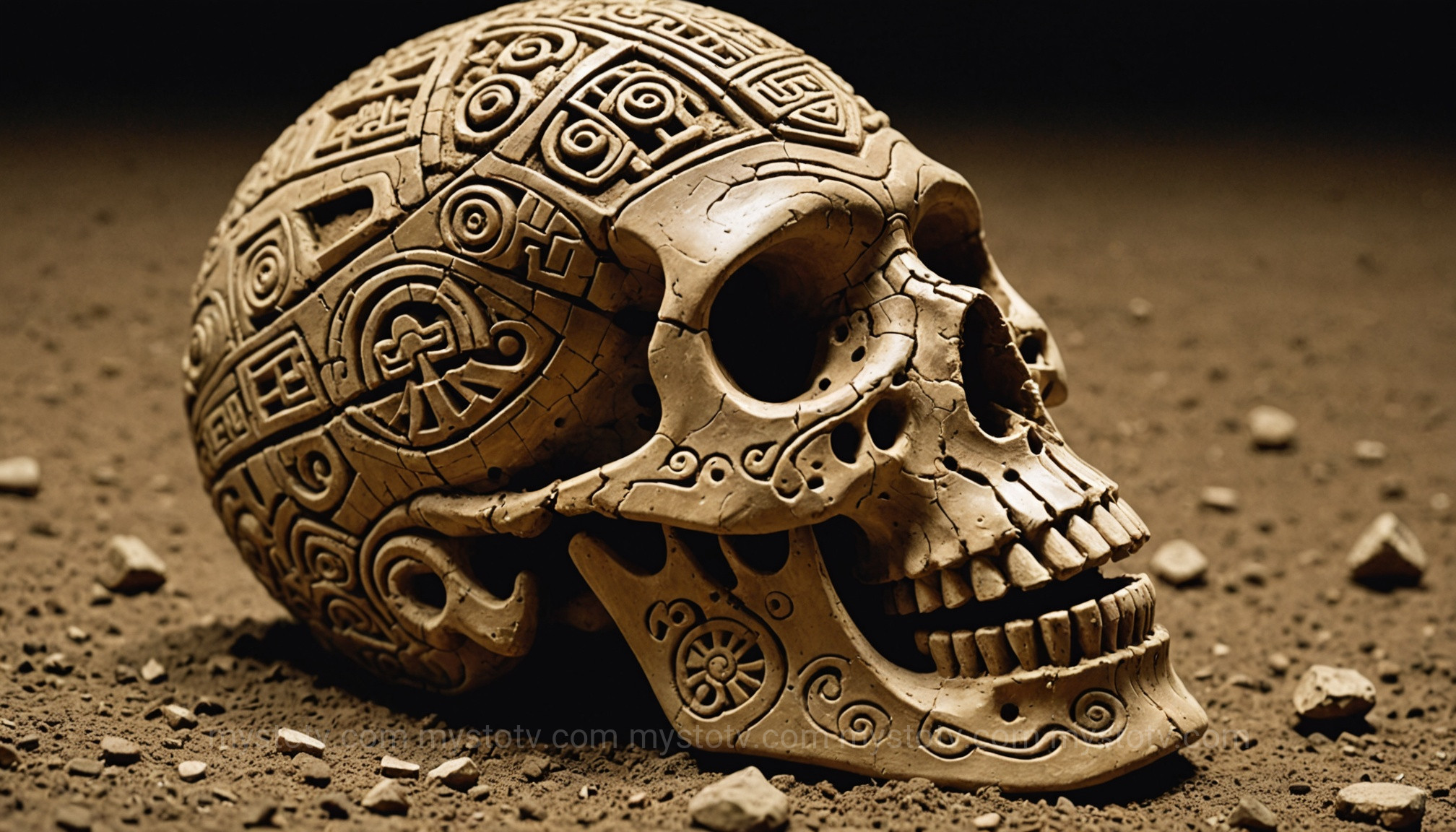 A detailed close-up of a clay Aztec death whistle shaped like a skull, highlighting the craftsmanship of this ancient instrument.