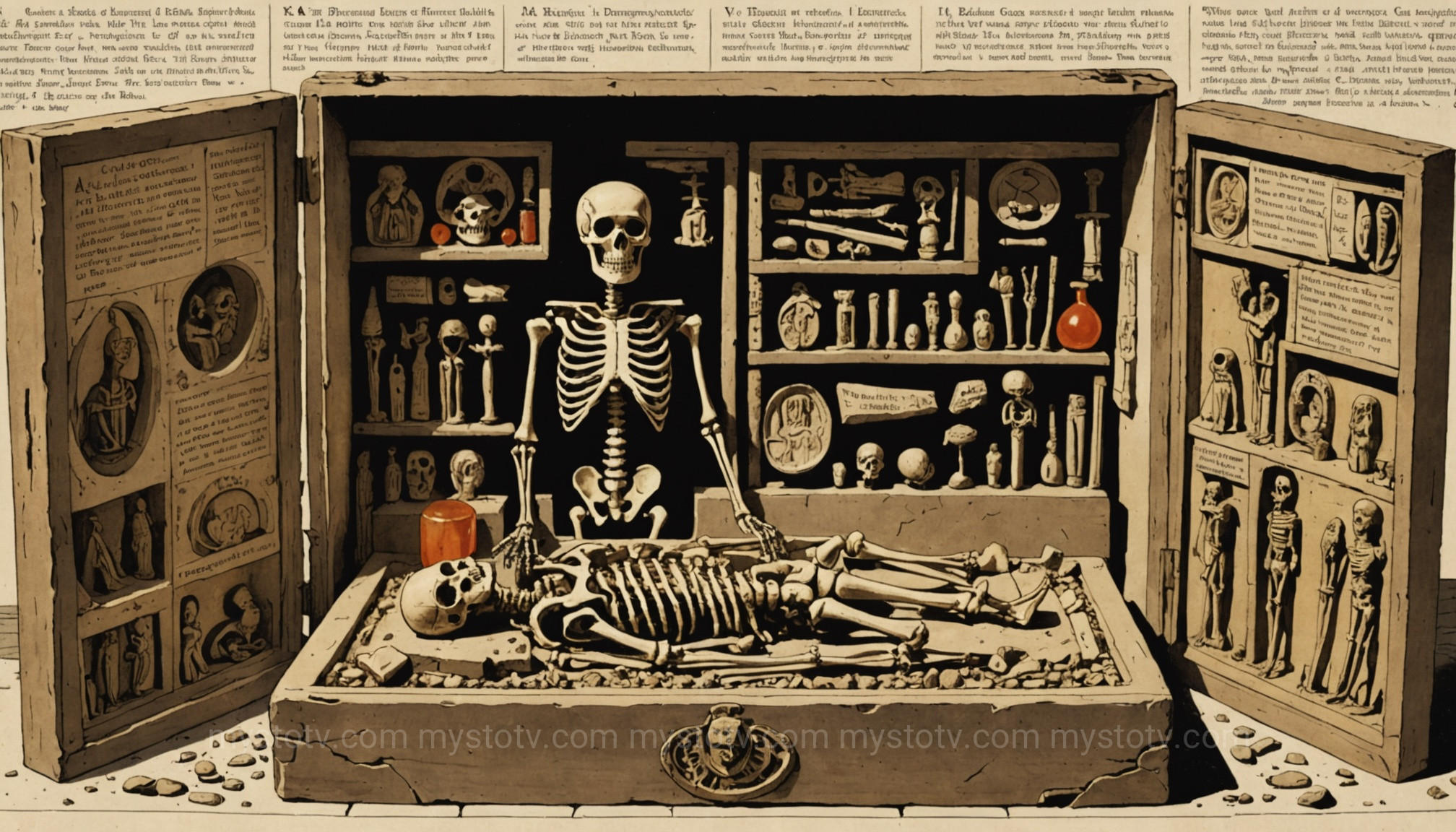 A display of ancient artifacts showing the pre-Christian origins of the skeleton amulet and its connection to early Christianity.