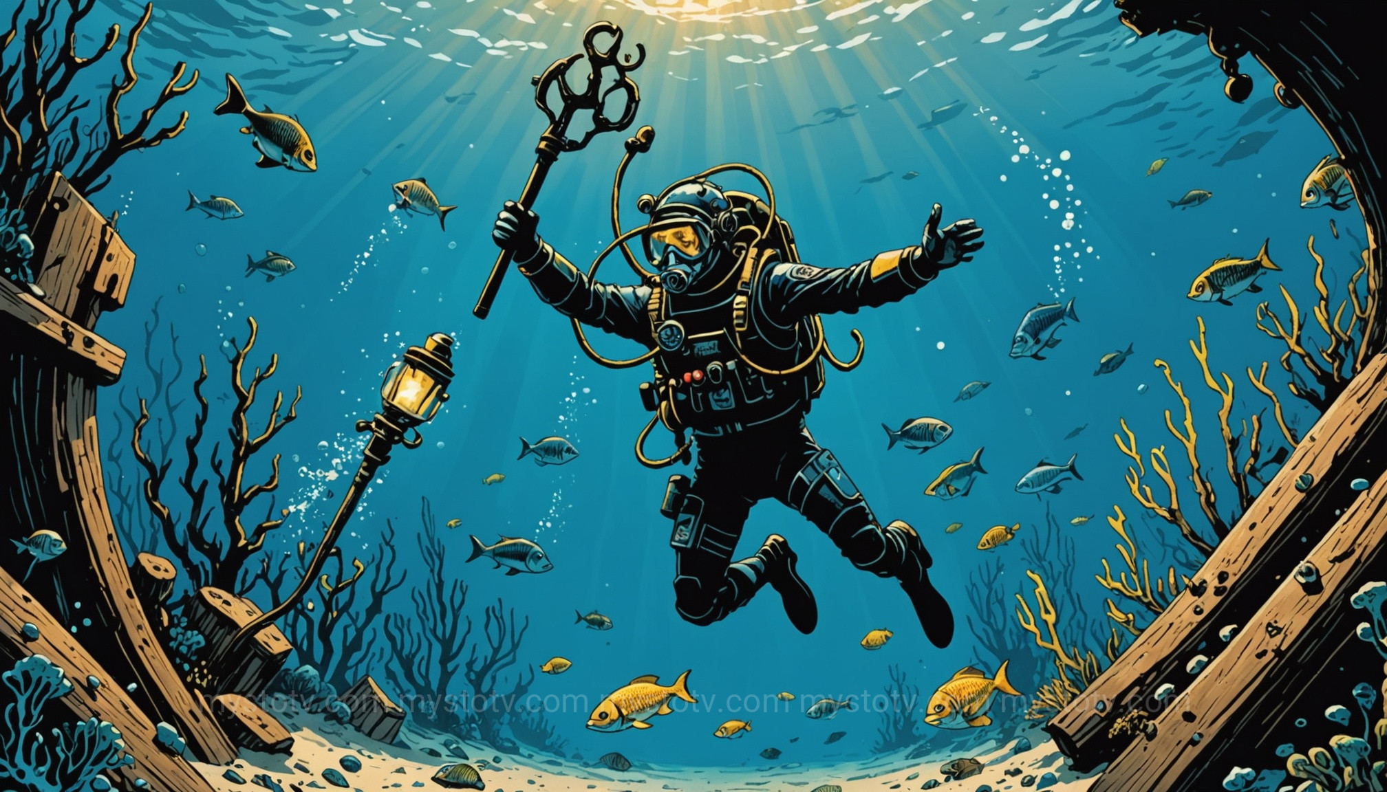 A diver discovering the remains of the ancient shipwreck Israel on the seabed, highlighting the moment of revelation.