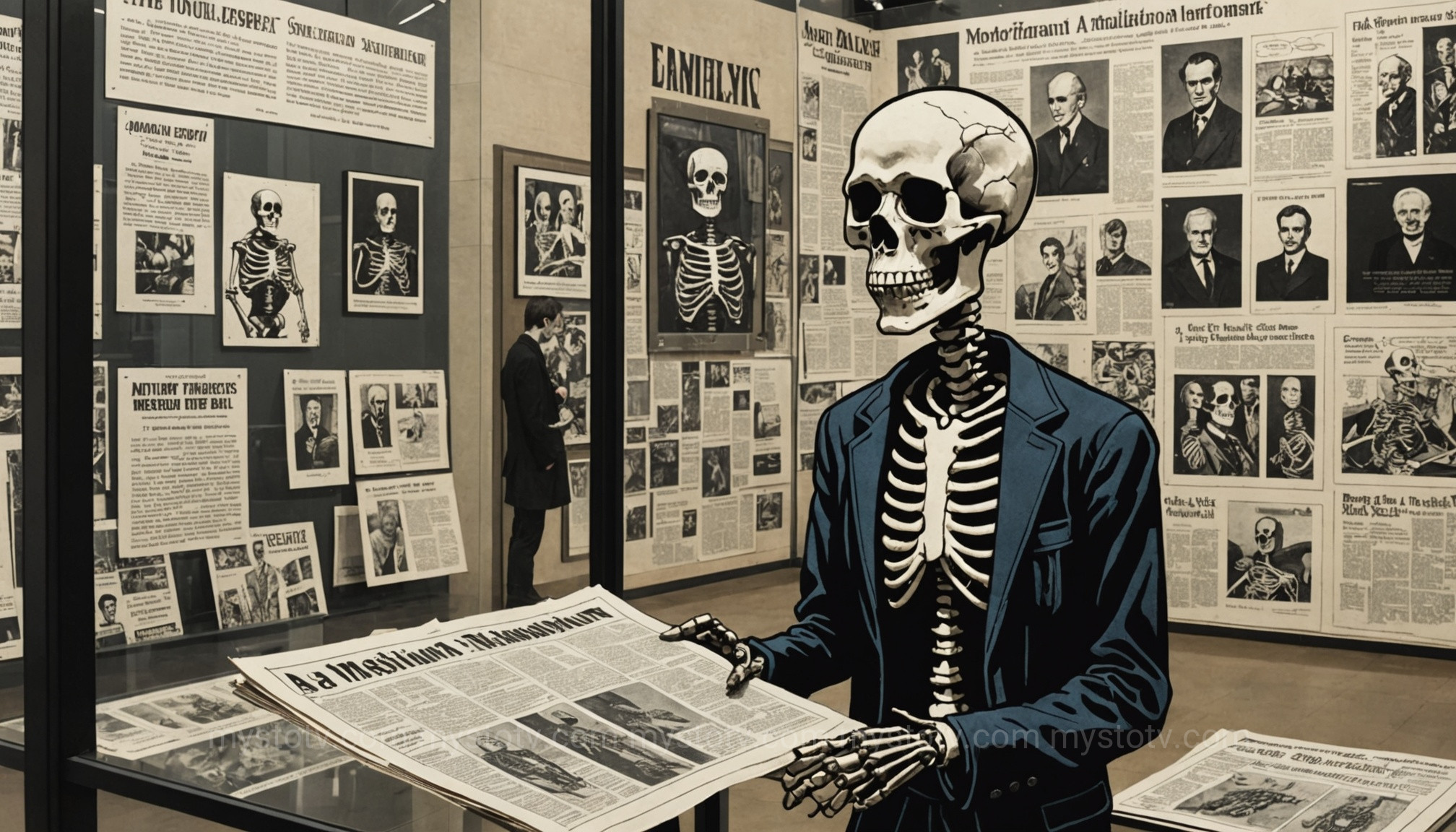 A modern person observing a historical skeleton amulet, showing the legacy of the skeleton amulet and Christianity in contemporary culture.