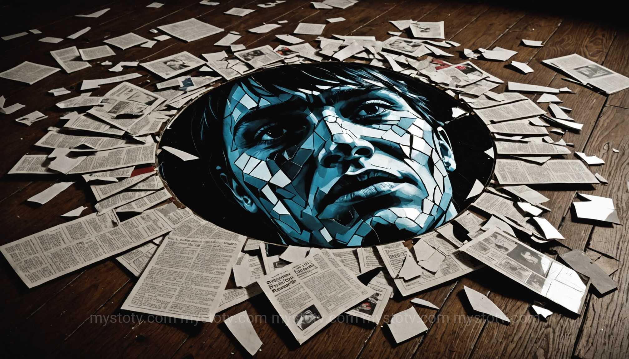 A shattered mirror reflecting a fragmented face, symbolizing the first step in narcissistic abuse recovery.