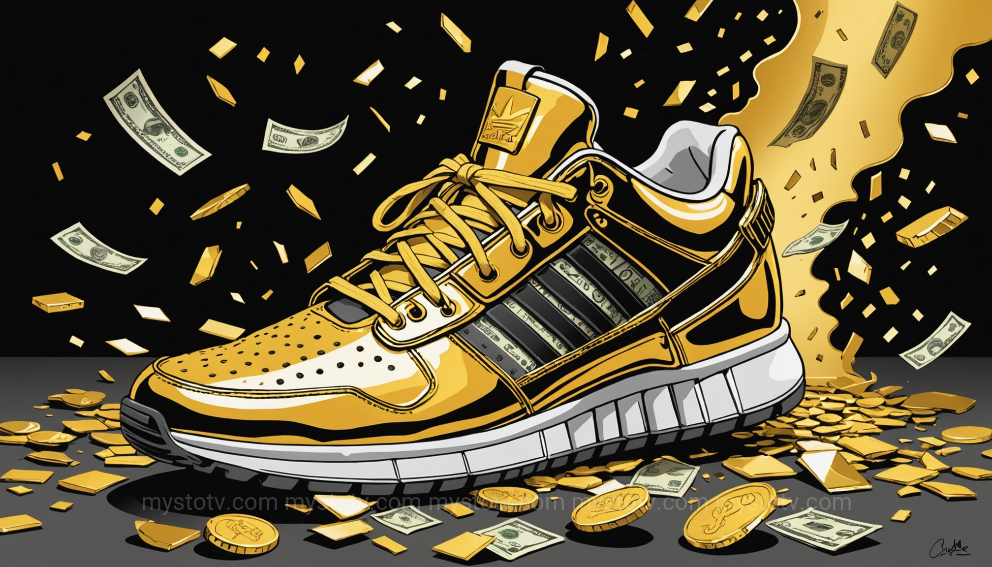 A shattering golden sneaker representing the collapse of Kanye\'s brand partnerships and the financial cost of the Kanye West public downfall.