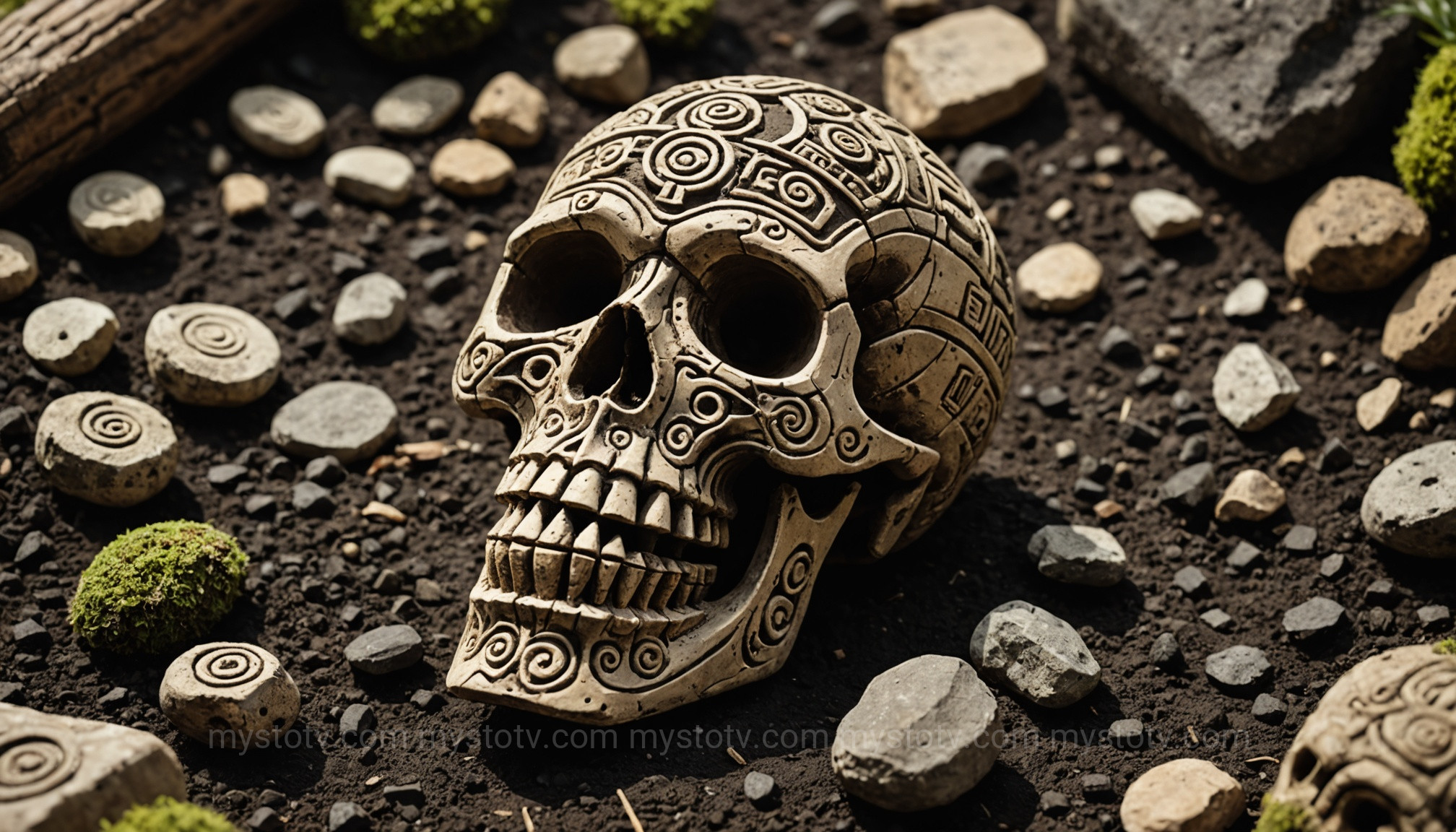 An archaeological replica of the skull-shaped Aztec death whistle, illustrating its historical discovery.