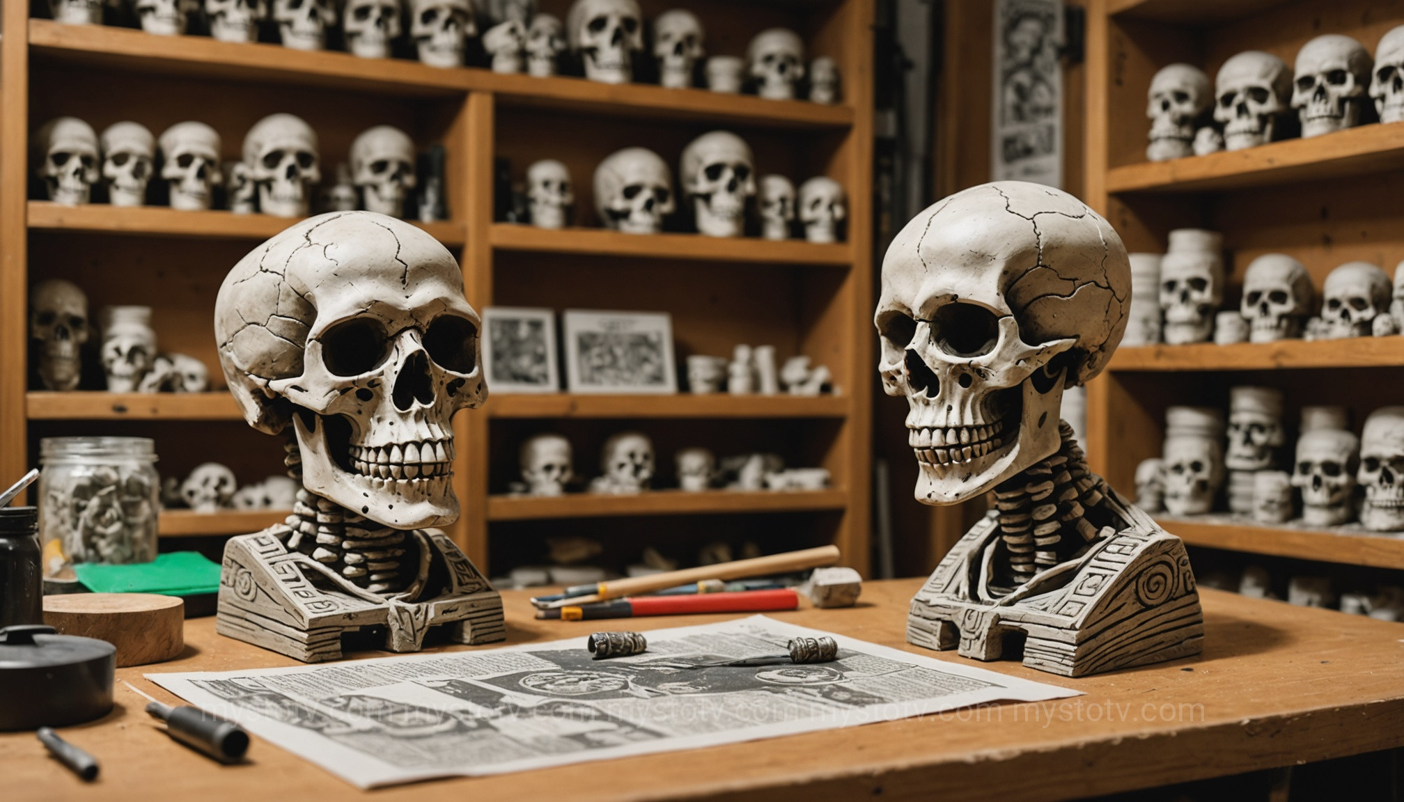 An artisan creating a clay Aztec death whistle replica, with a 3D printer in the background.