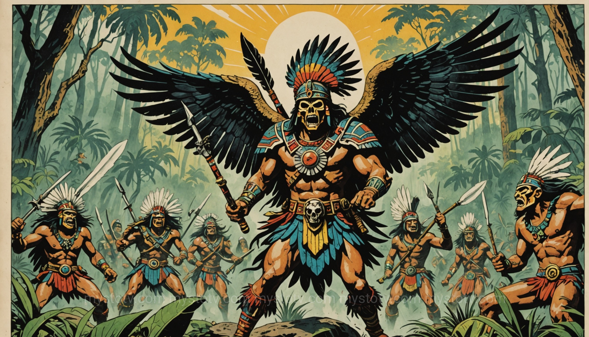 An artistic rendering of Aztec warriors using the death whistle in a jungle setting, illustrating its potential role in psychological warfare.