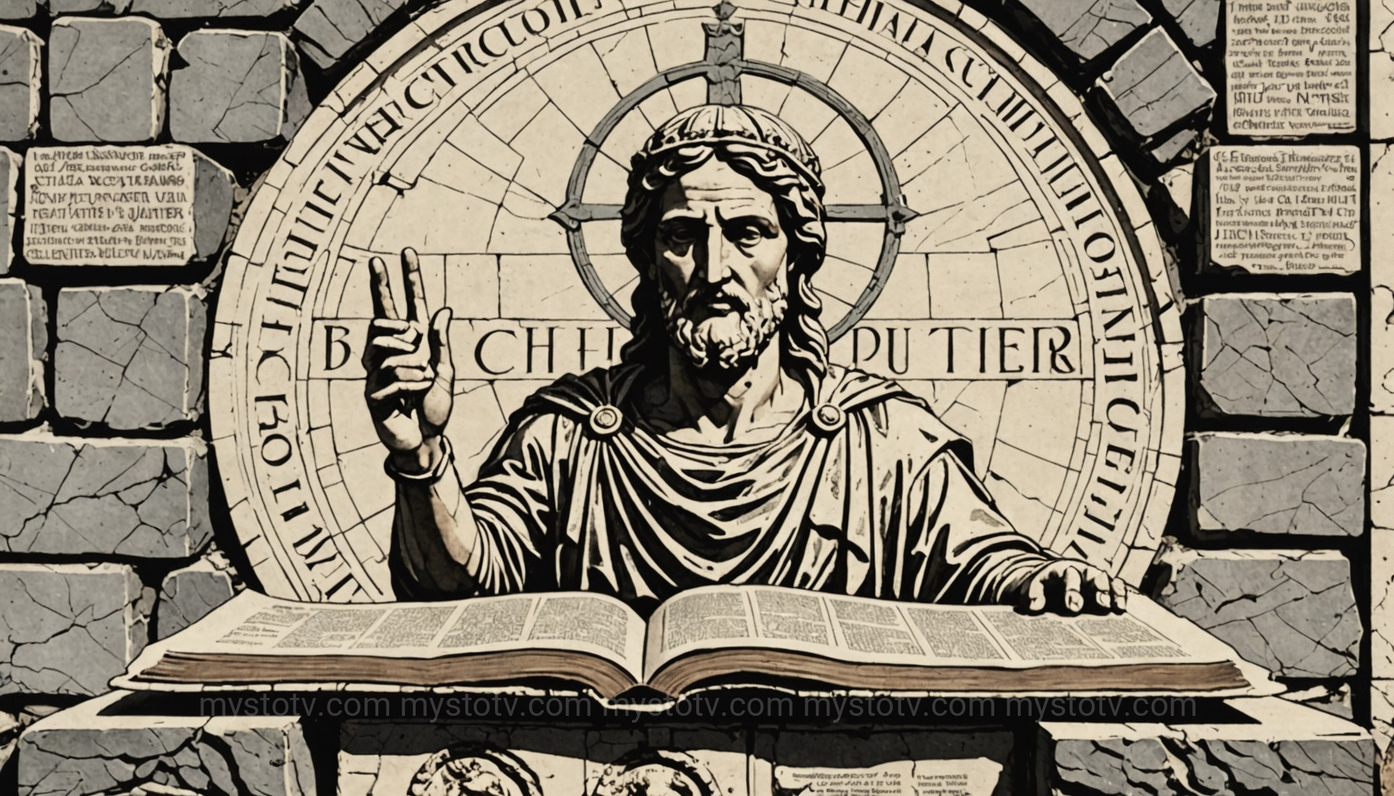 An artistic representation of the mix of Roman paganism and early Christianity influencing the Frankfurt silver amulet discovery.