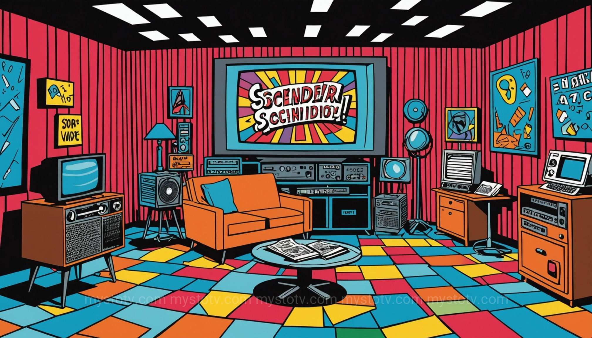 An empty director\'s chair on a colorful Nickelodeon-style set, symbolizing the empire built before the downfall of Dan Schneider.