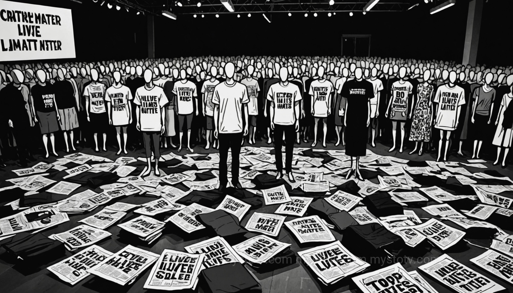An empty fashion show with a controversial t-shirt at the center, illustrating a pivotal moment in the 2022 Kanye West public downfall.
