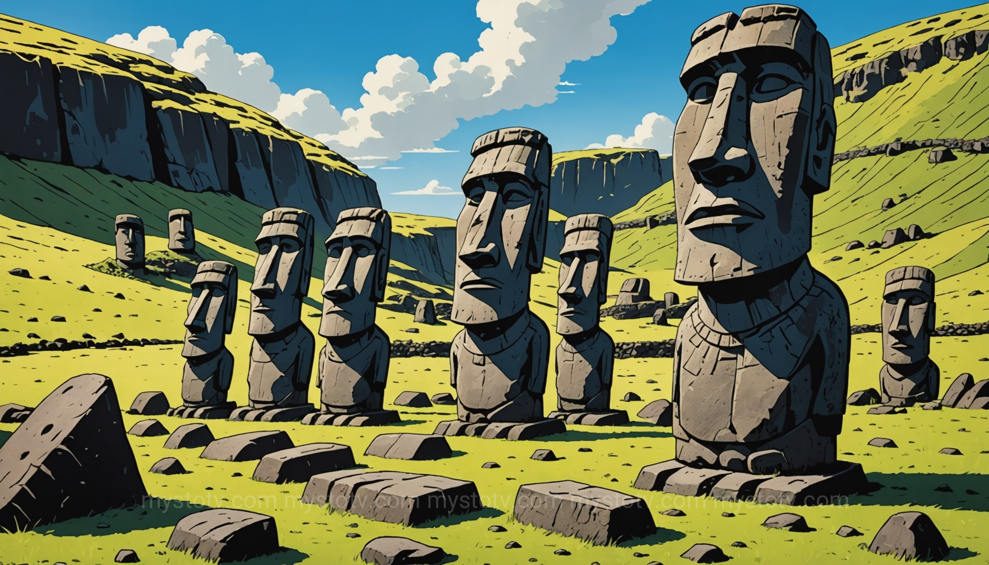 An excavated moai statue revealing the full body and petroglyphs, a key secret of the Easter Island heads.