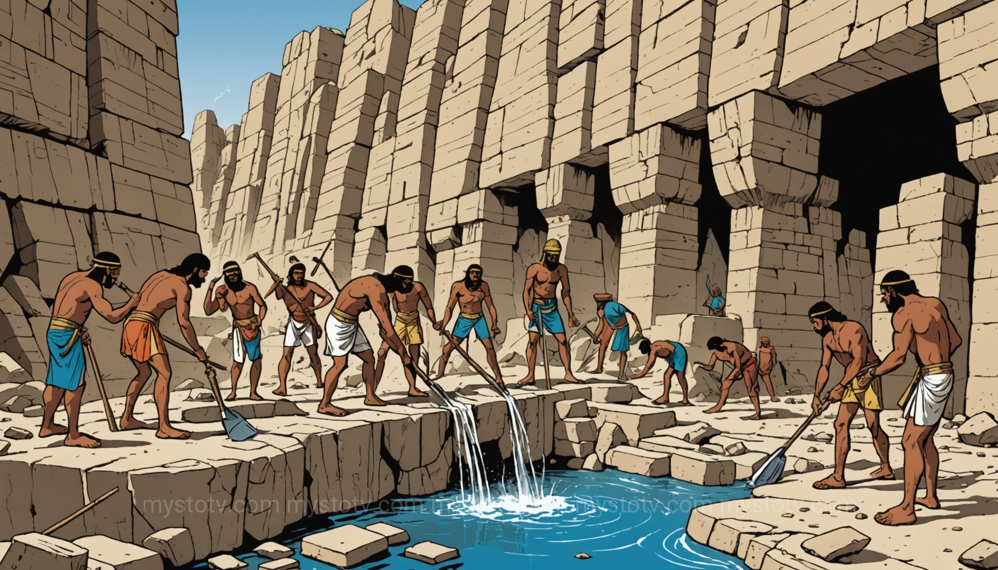 Ancient Egyptian workers quarrying fine white Tura limestone, a key material in saqqara pyramid construction technology.