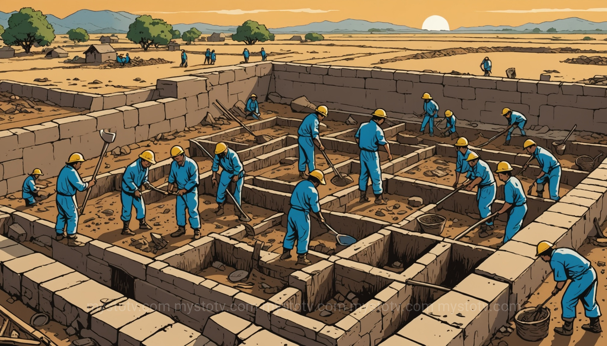 Archaeological team excavating the landmark discovery of the 5000 year old tomb in china at sunrise.
