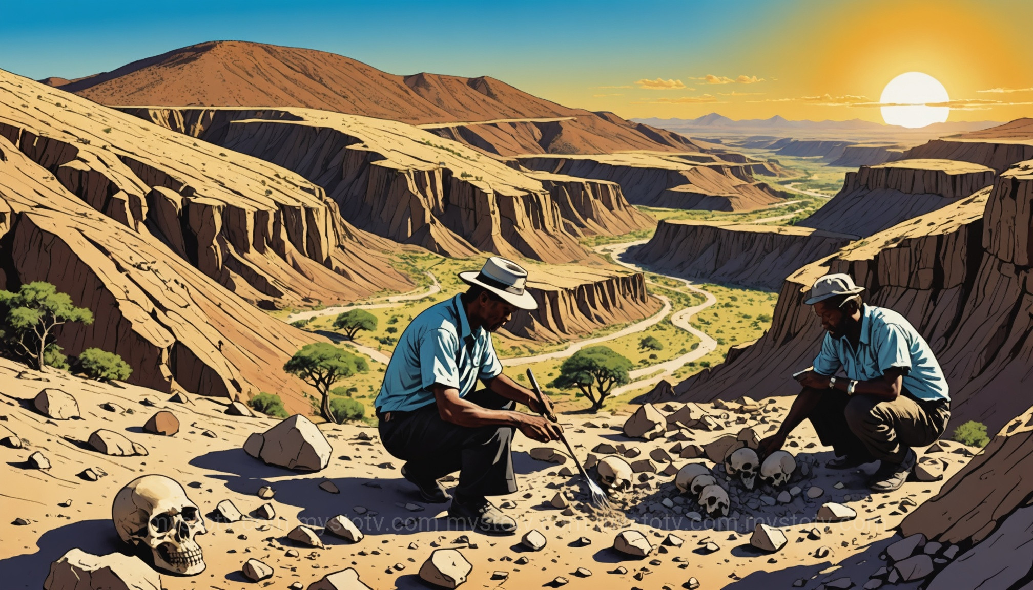 Paleoanthropologists Louis and Mary Leakey, famous scientists, excavating fossils at Olduvai Gorge, a key site for human evolution.