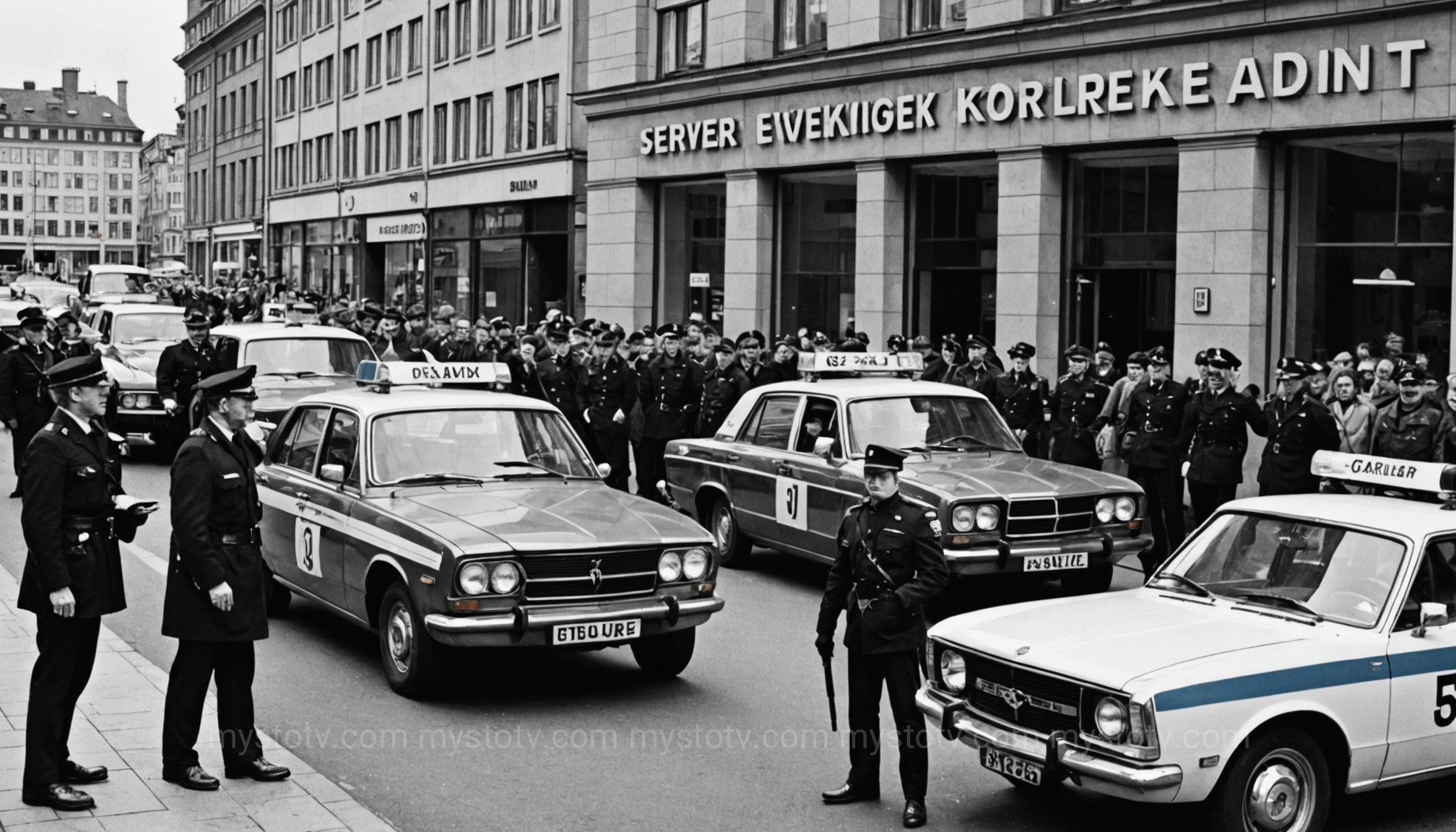 Police standoff outside the bank during the Norrmalmstorg Robbery, one of the original famous Stockholm syndrome cases.