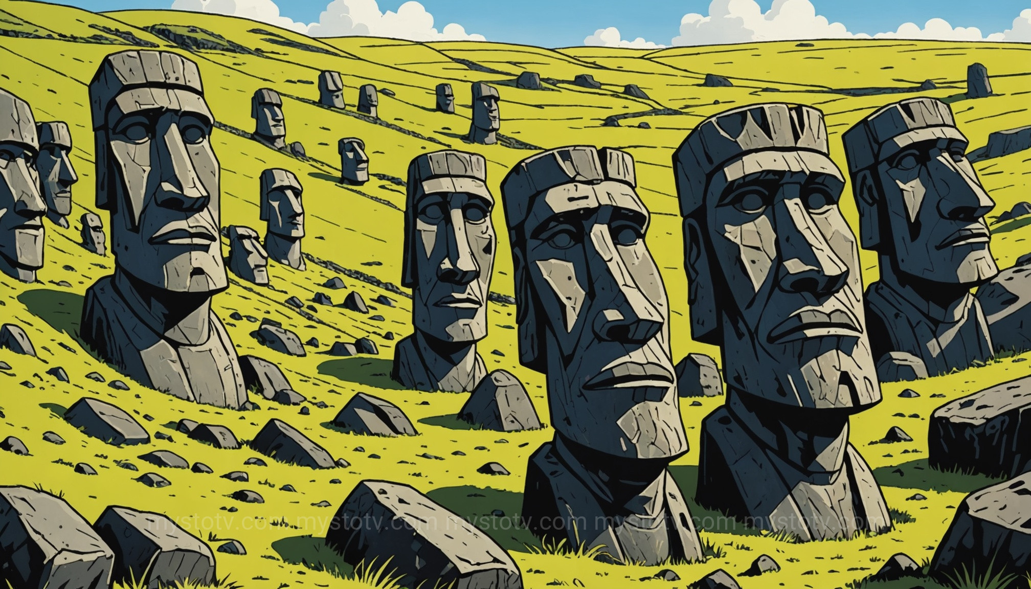 Unfinished moai in the Rano Raraku quarry, showing how the Easter Island heads were carved.